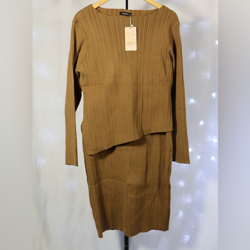 Brown Ribbed Long Sleeve & Skirt Combo